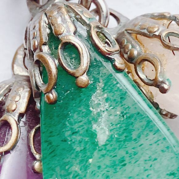 VTG Mid Century Gemstone Necklace Earring Set Screwback Multicolor Wire Wrapped - Picture 7 of 9